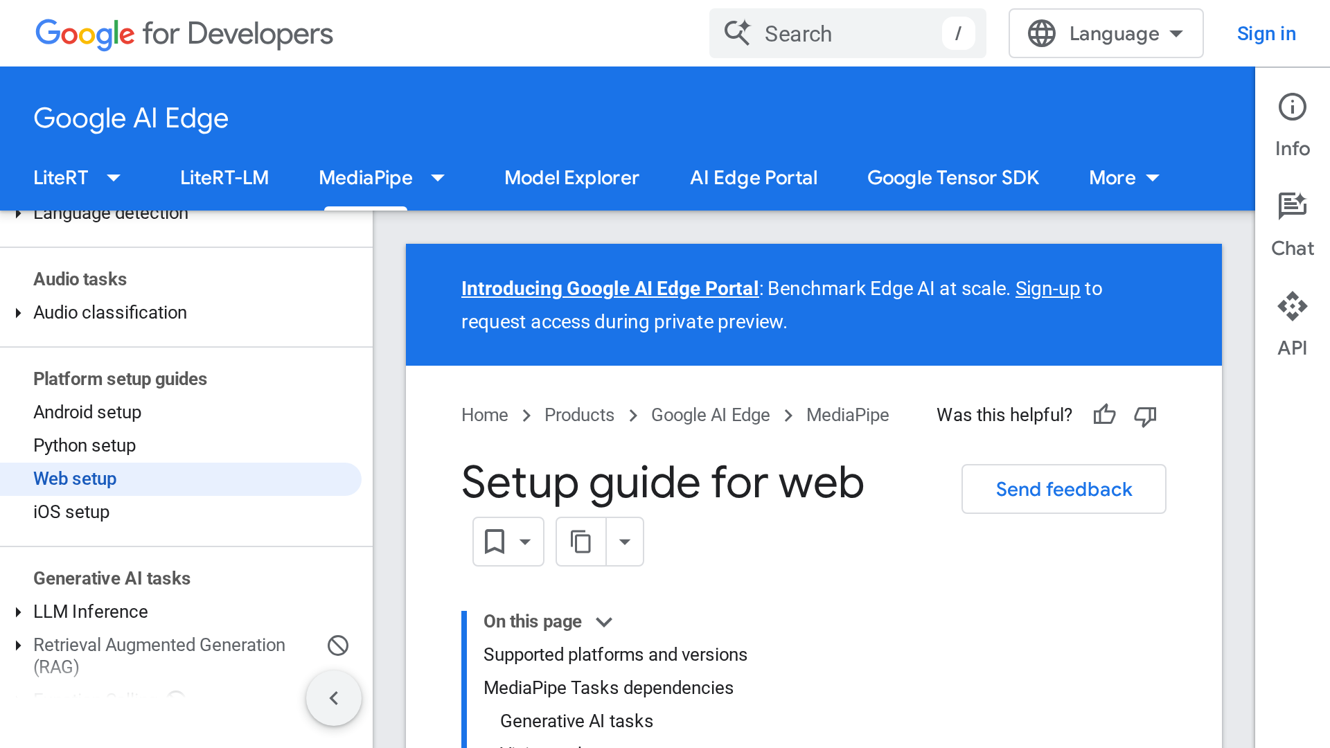 Google MediaPipe Tasks setup guide for JavaScript web applications