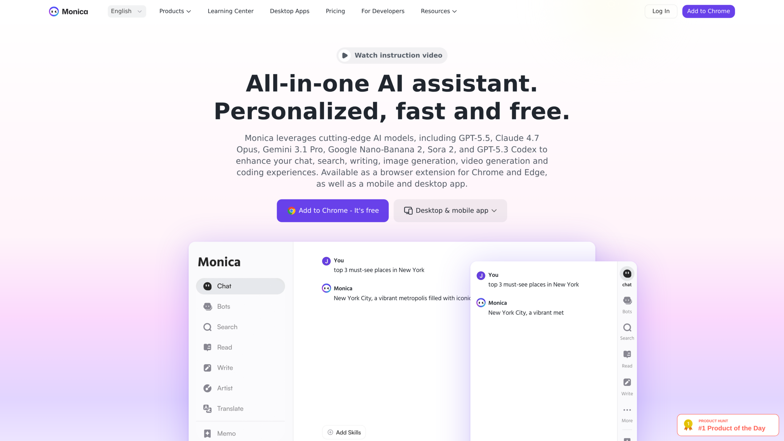 Monica AI assistant homepage