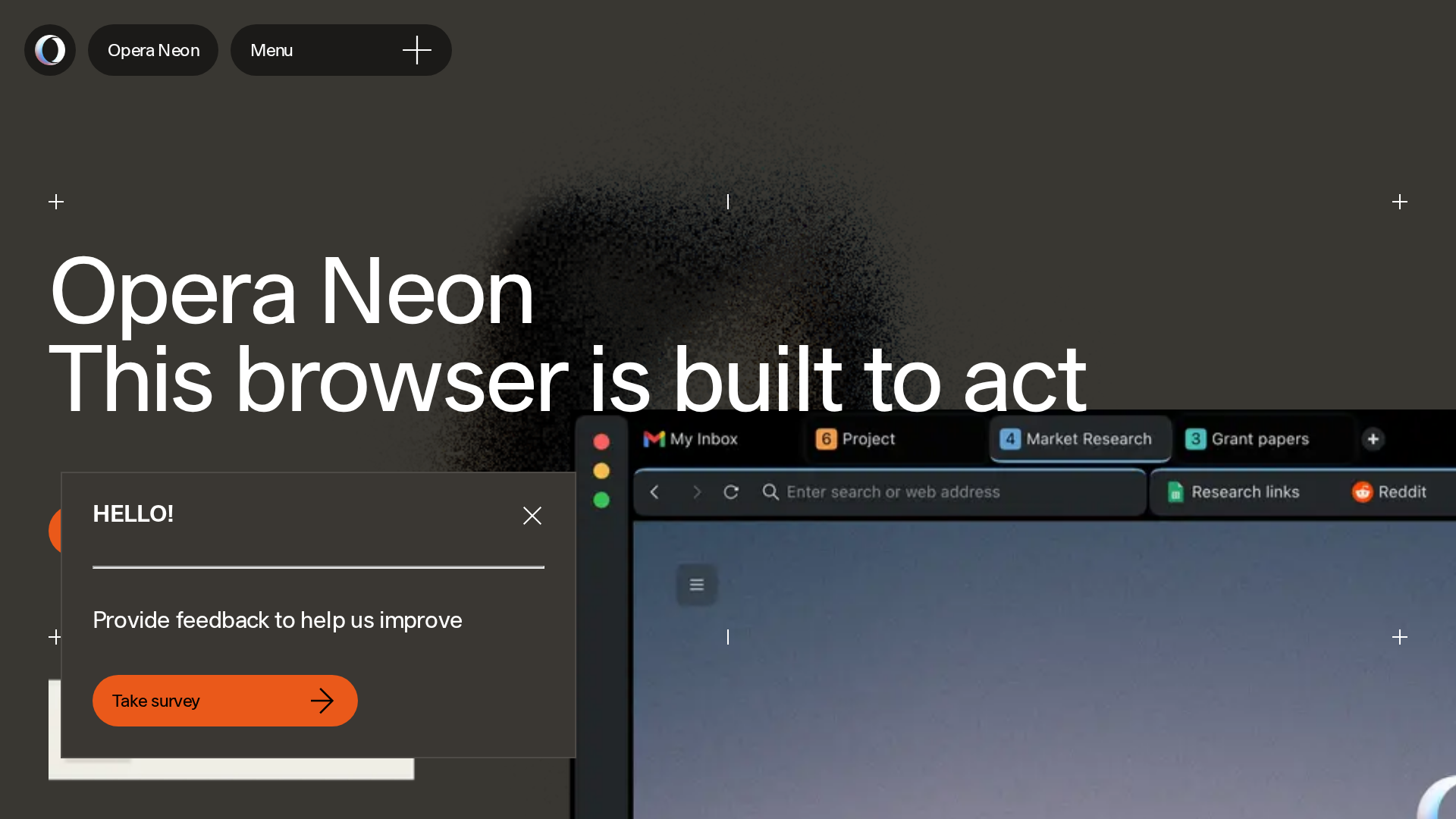 Opera Neon homepage showing the browser built to act