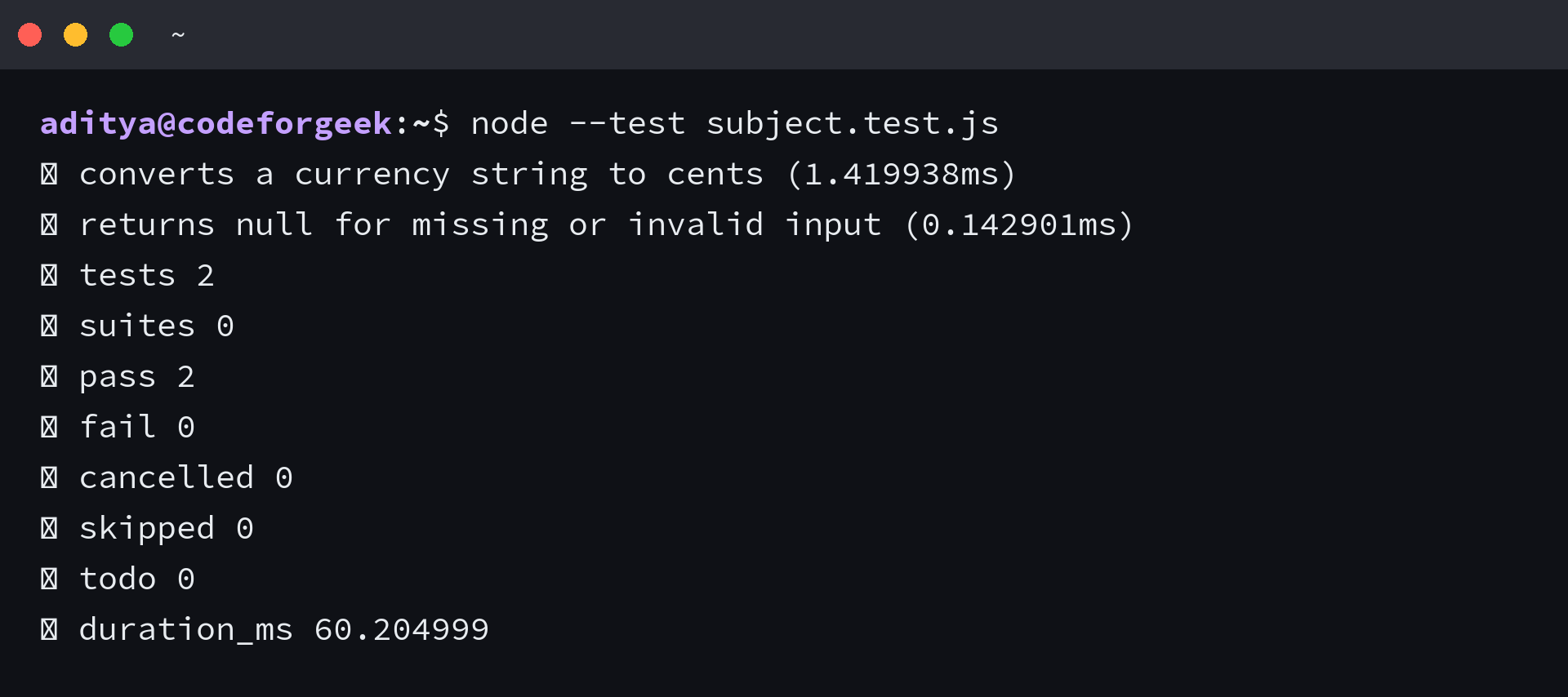 Node.js unit tests passing in the terminal