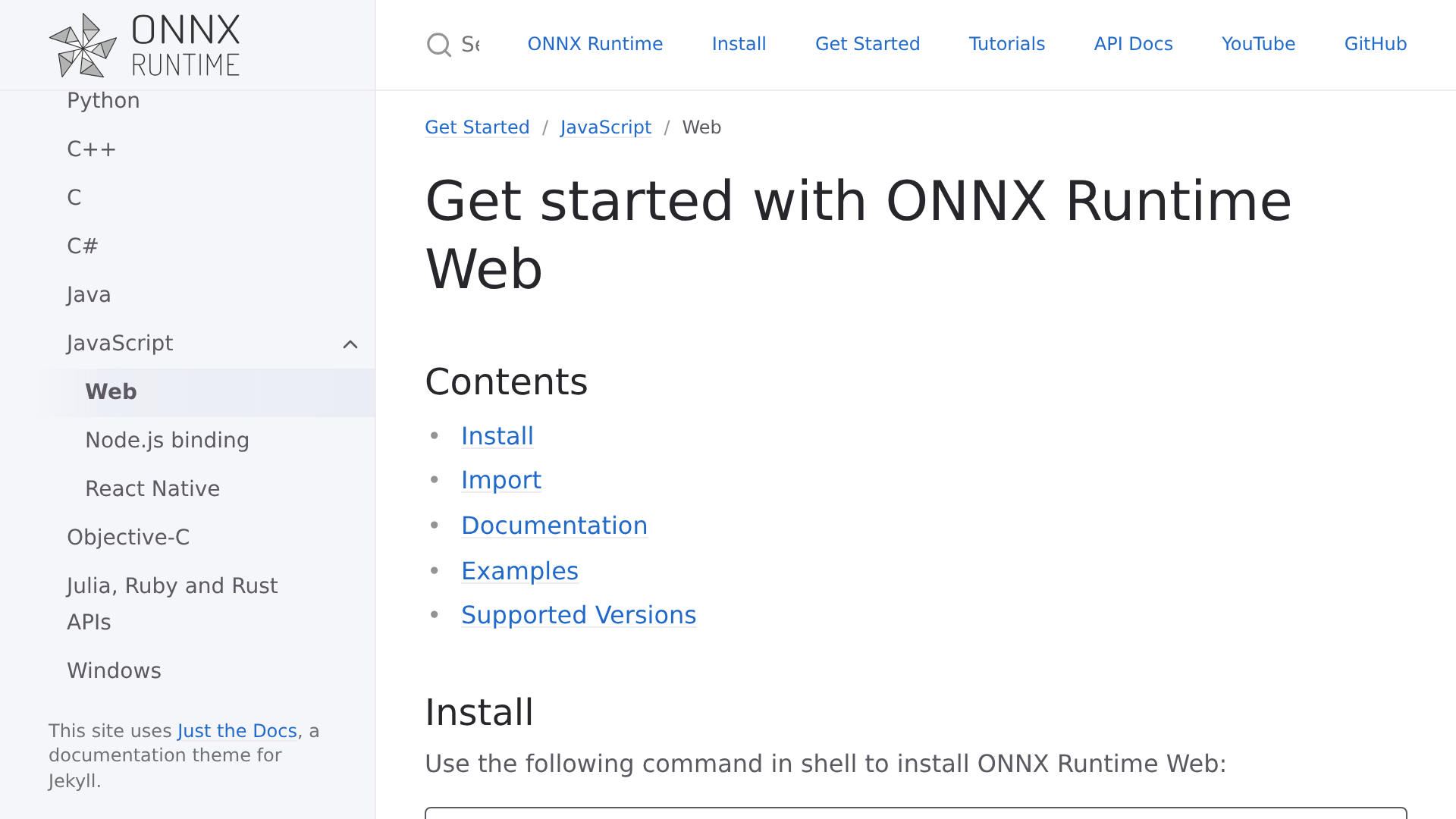 ONNX Runtime Web official getting started documentation