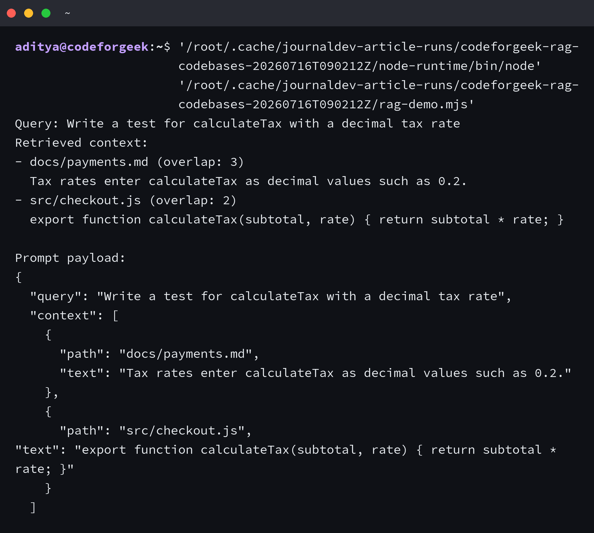 Node.js retrieval demo selecting payments.md and checkout.js for a calculateTax test request