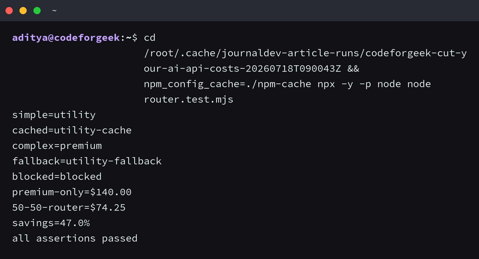 Smart router test output showing utility, cache, premium, fallback, rate limit, and cost assertions