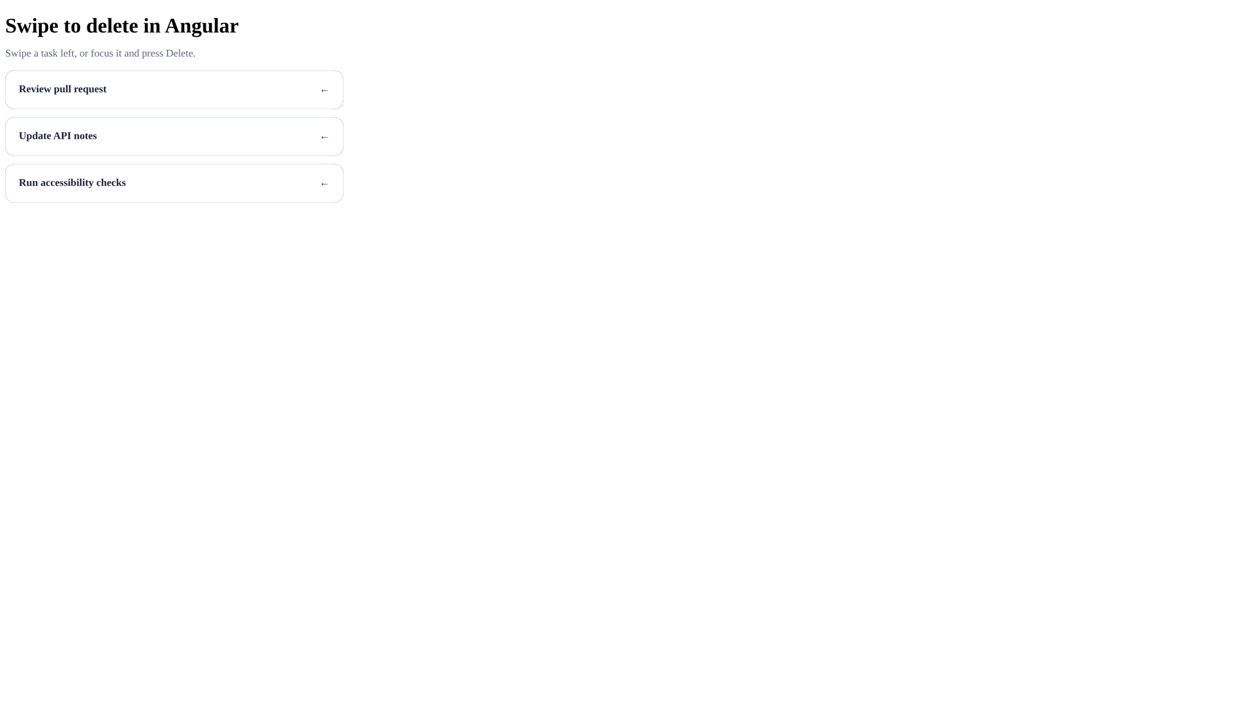 Angular swipe-to-delete task list with three keyboard-accessible rows