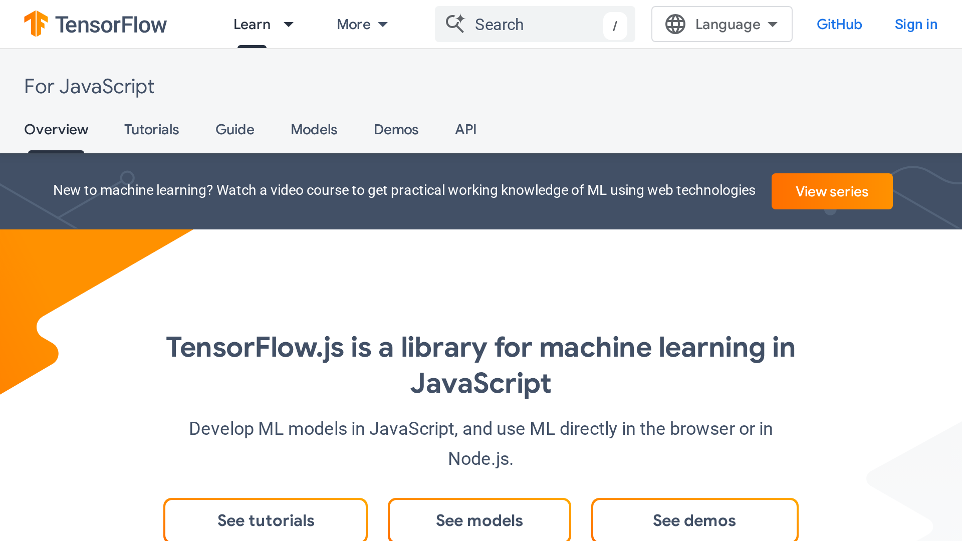 TensorFlow.js official page showing browser and Node.js machine learning options