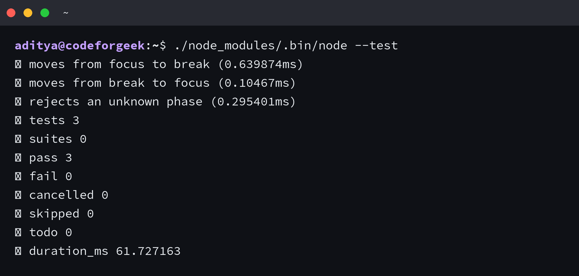 Node.js test run for AI-generated study timer logic