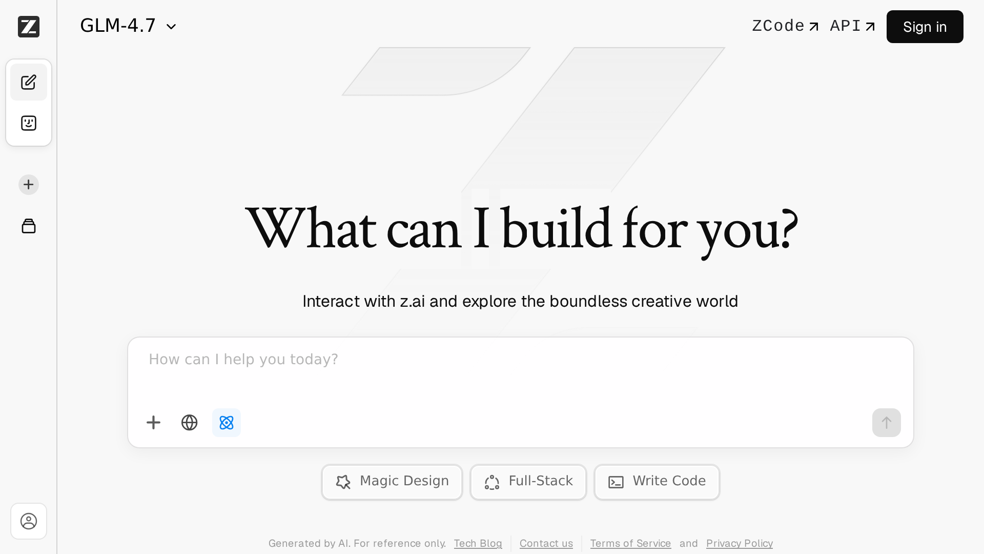 Z.ai chat homepage with GLM-4.7 model selector and Magic Design, Full-Stack, and Write Code actions