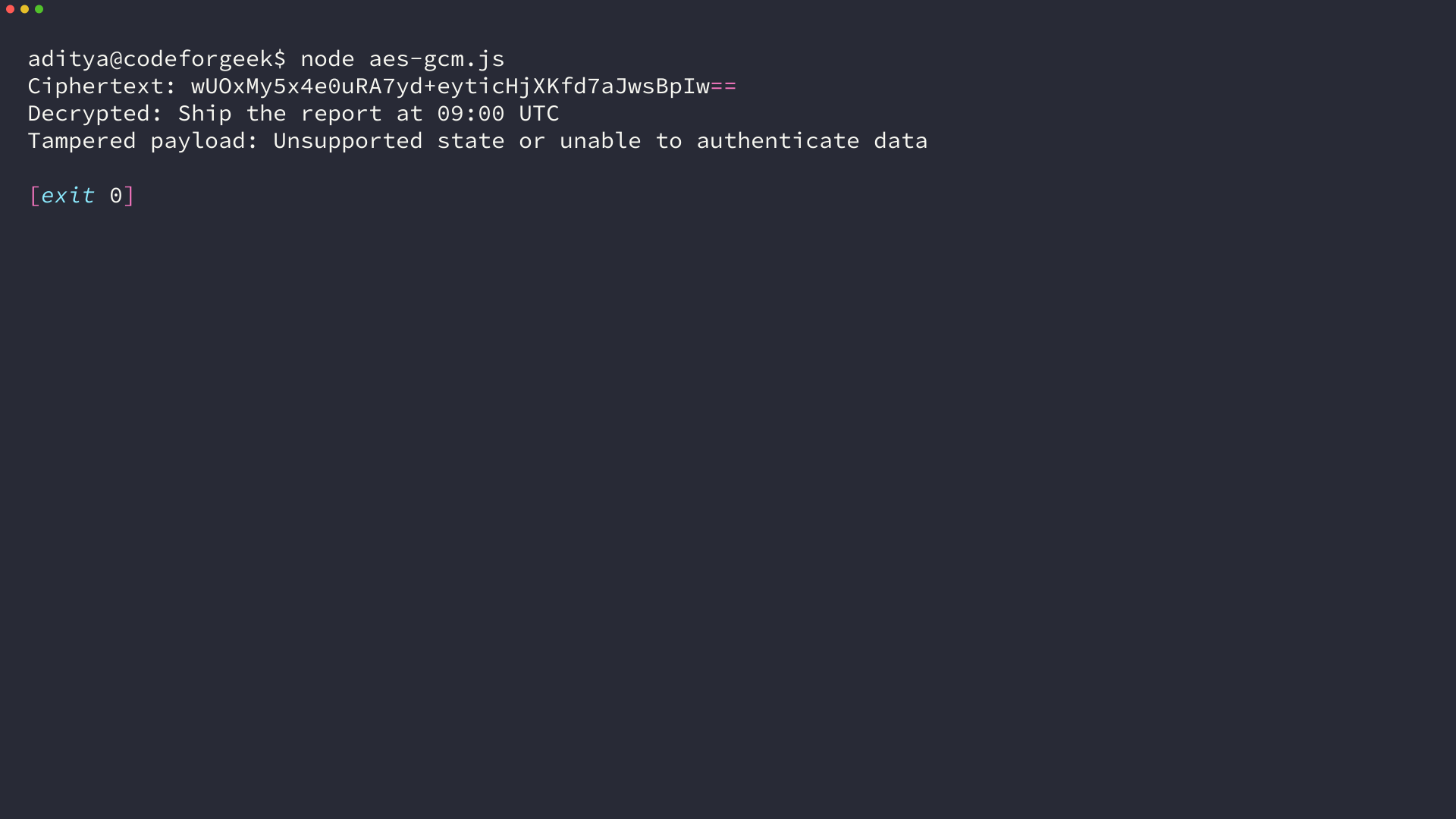 Terminal output showing AES-256-GCM decryption and tamper rejection in Node.js