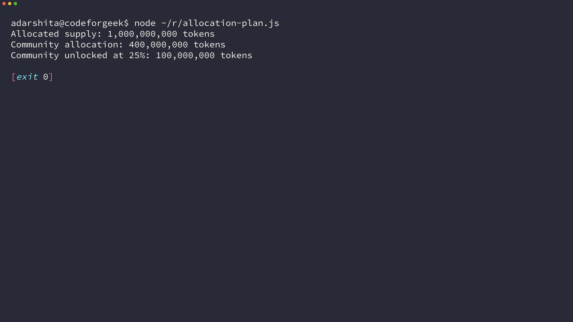 Terminal output calculating a token allocation and 25 percent community unlock