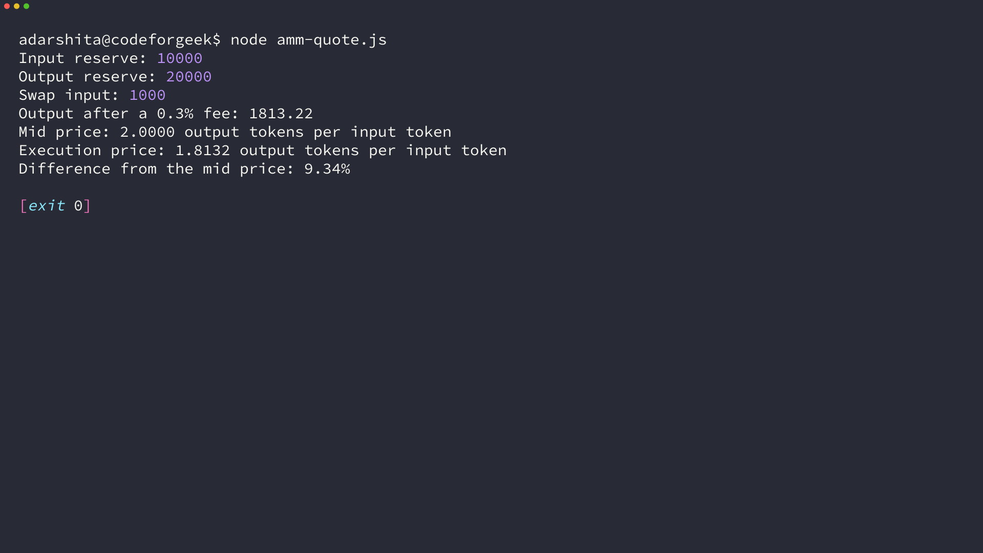Terminal output showing a constant-product swap quote, execution price, and 9.34 percent difference from the mid price
