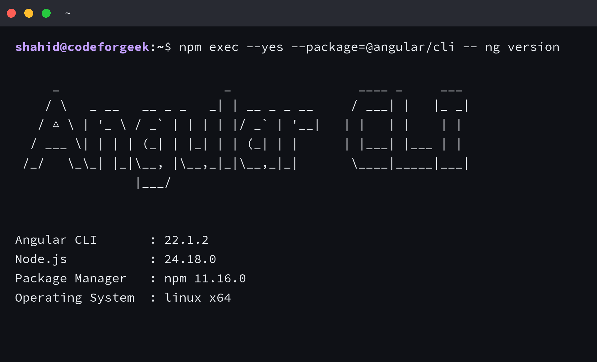 Terminal output showing Angular CLI 22.1.2 with Node.js 24.18.0