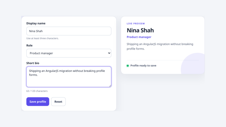 AngularJS profile form updating a live preview through two-way data binding.