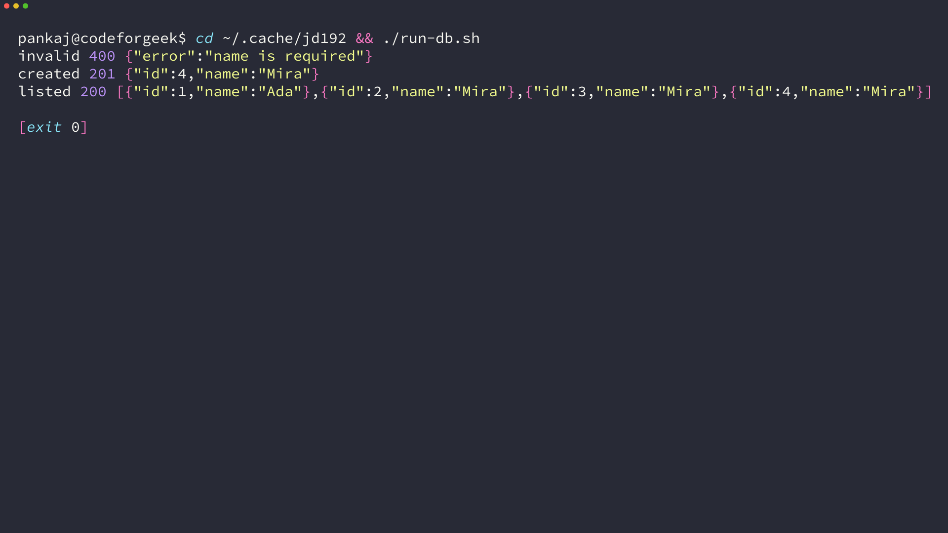 Terminal output from Deno API and MySQL integration checks