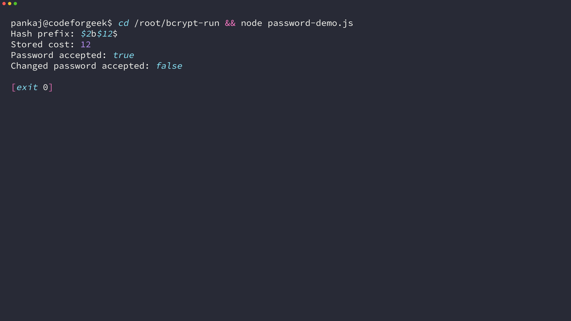 Terminal output from bcrypt hash and password verification in Node.js