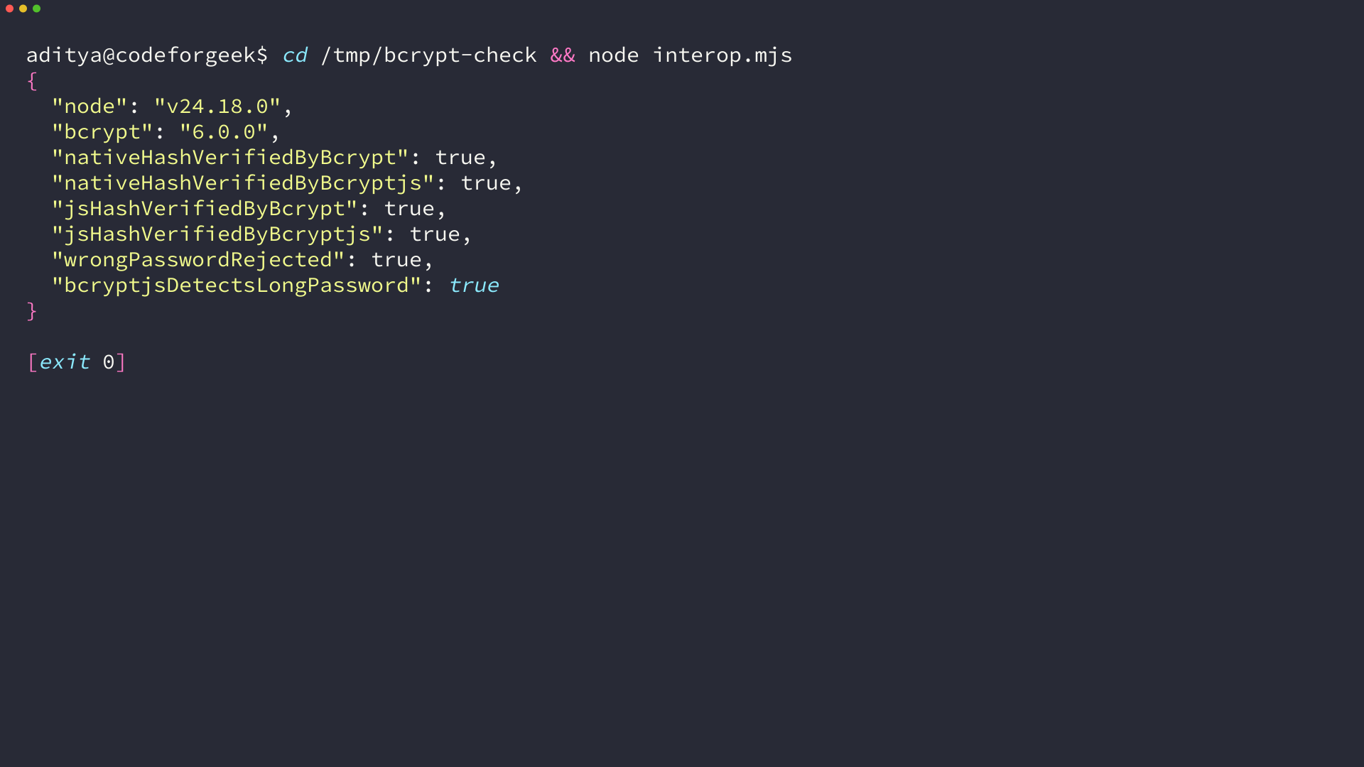 Terminal output showing bcrypt and bcryptjs verifying each other's hashes