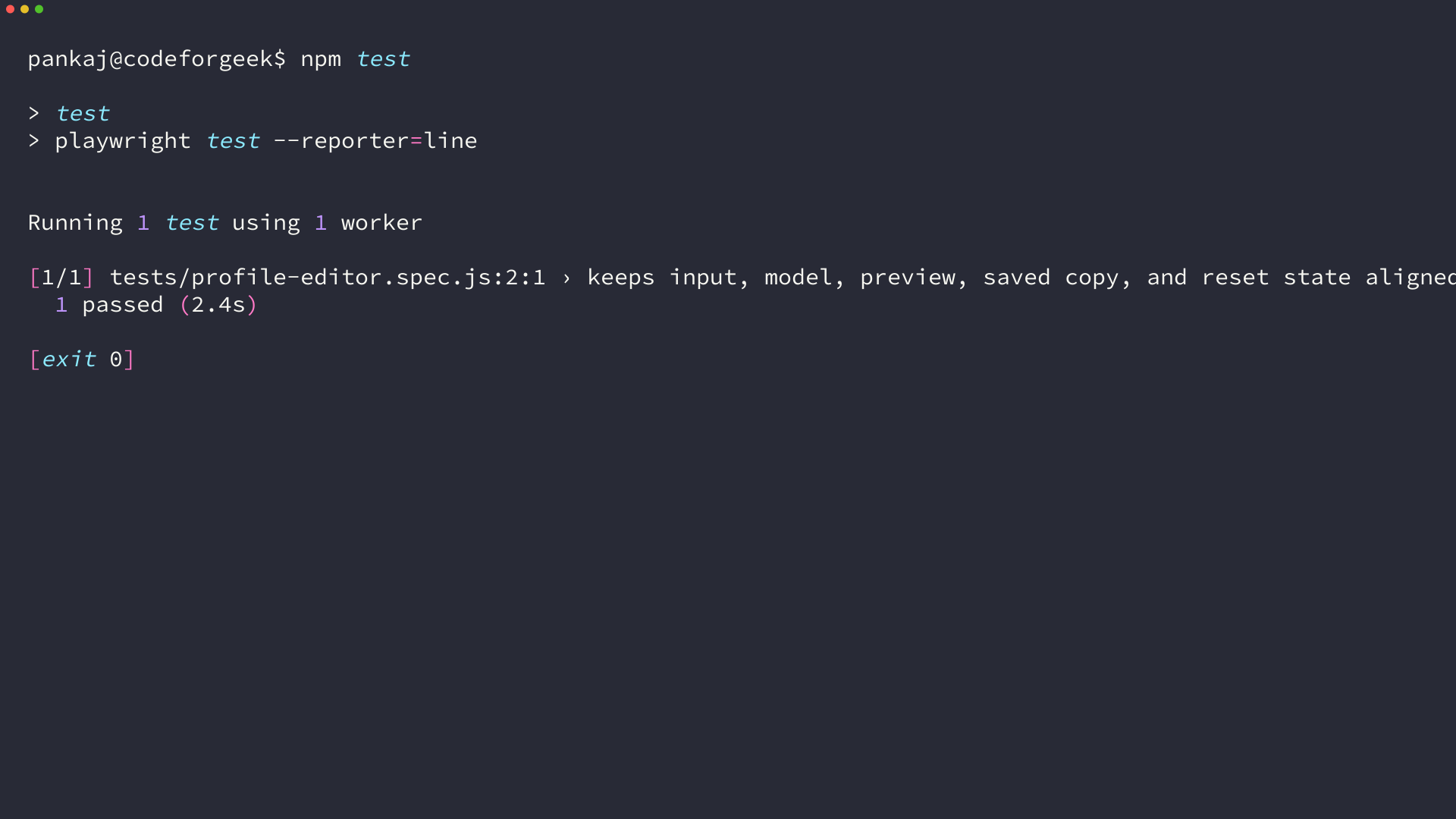 Terminal output showing the AngularJS profile editor browser test passing