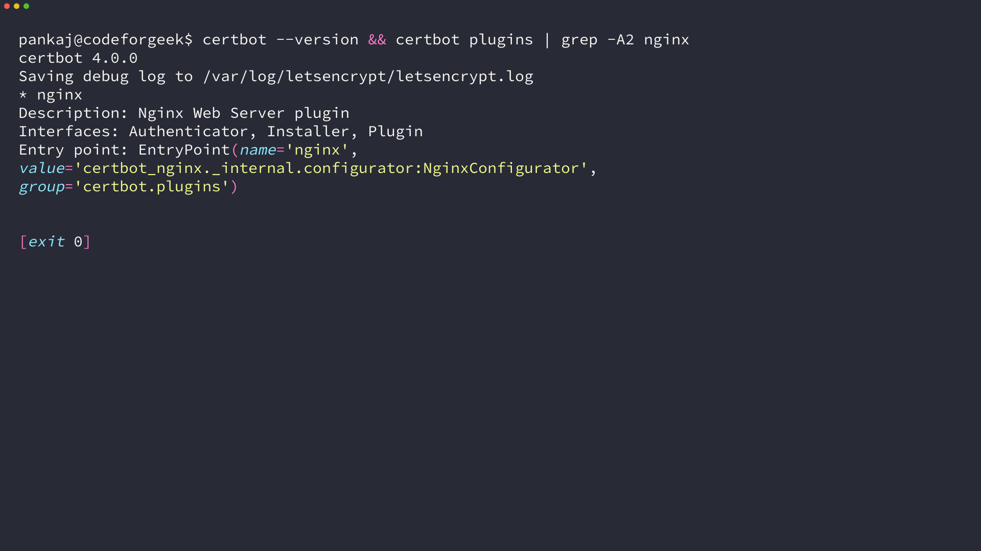 Certbot 4.0.0 with the installed Nginx plugin