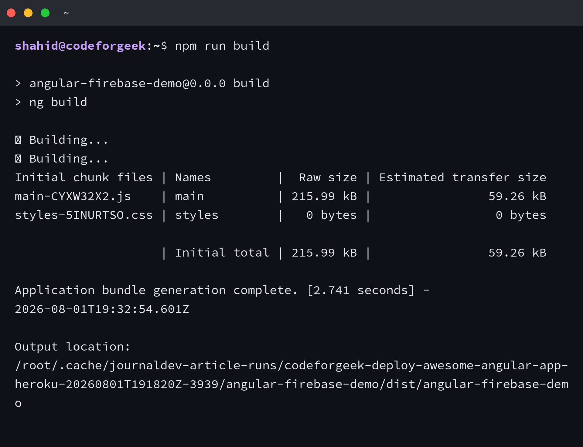 Angular production build completed in the terminal