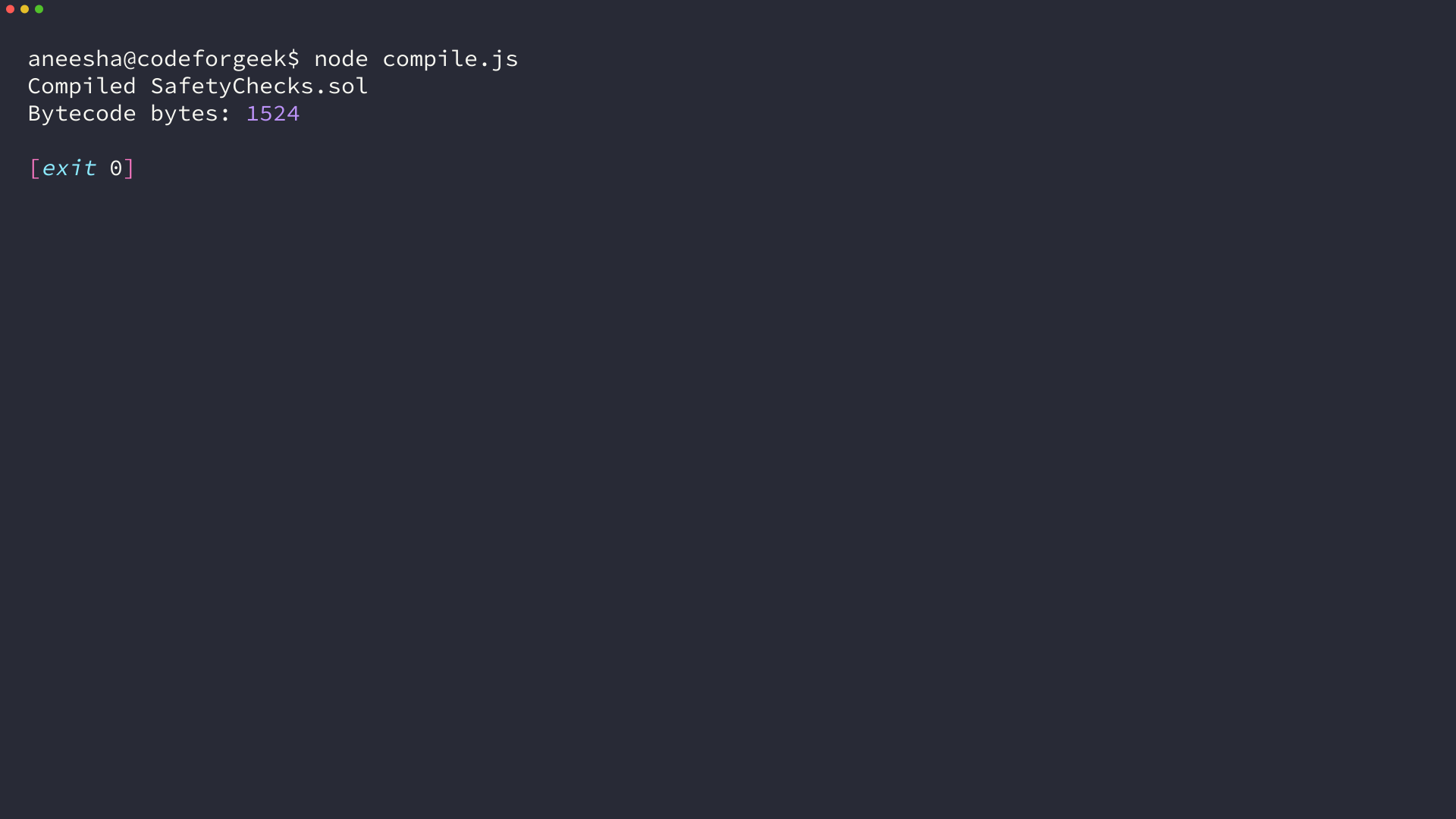 Terminal output from compiling the Solidity require and assert example
