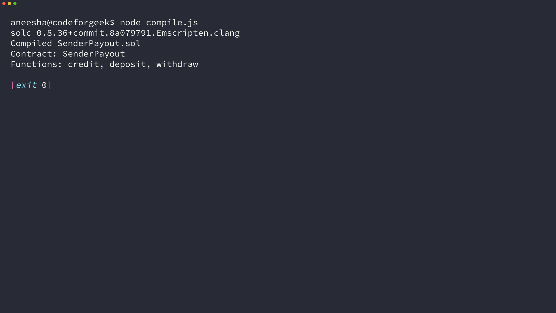 Terminal output compiling the SenderPayout Solidity contract with solc