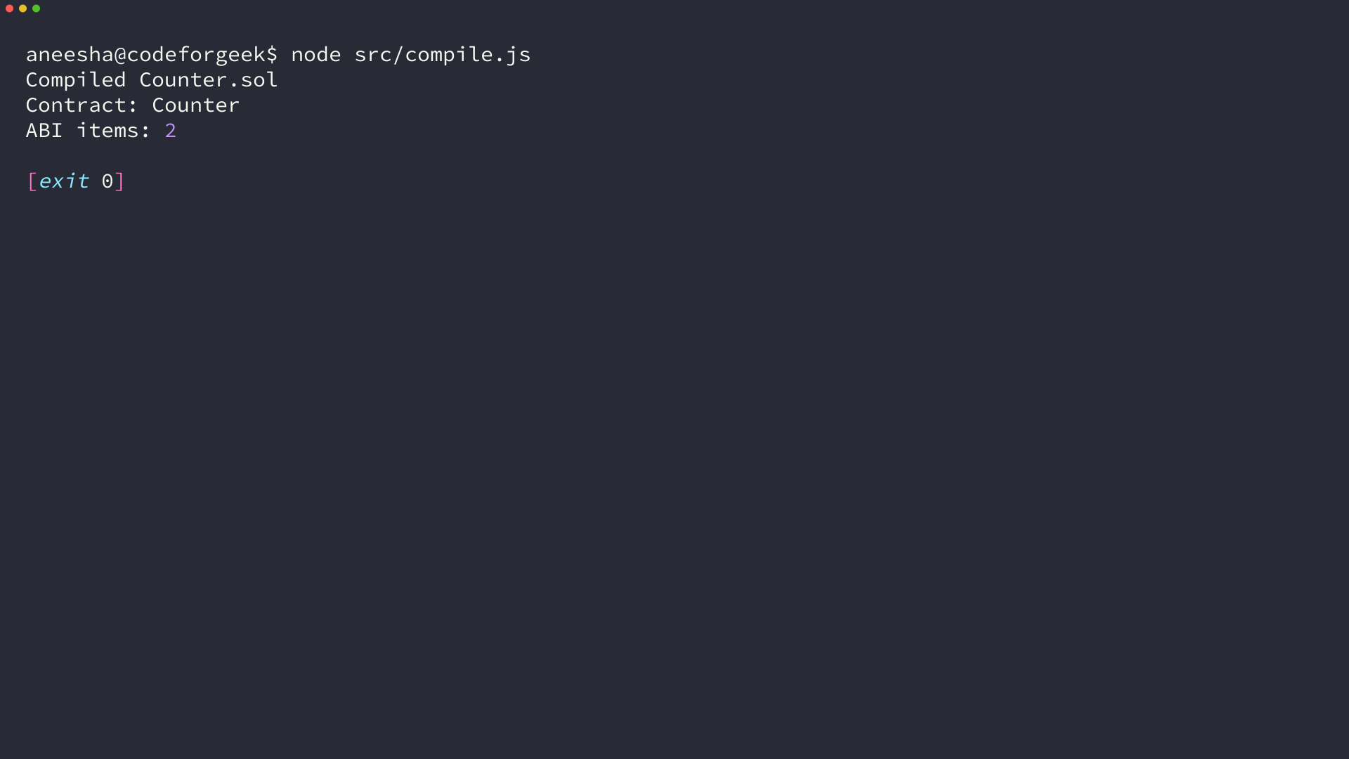 Terminal output showing Counter.sol compiled with solc
