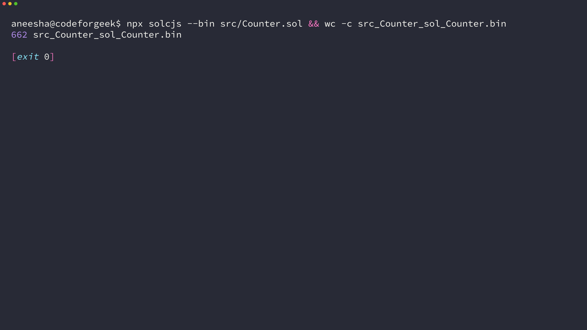 Terminal output from compiling the Solidity Counter contract with solcjs