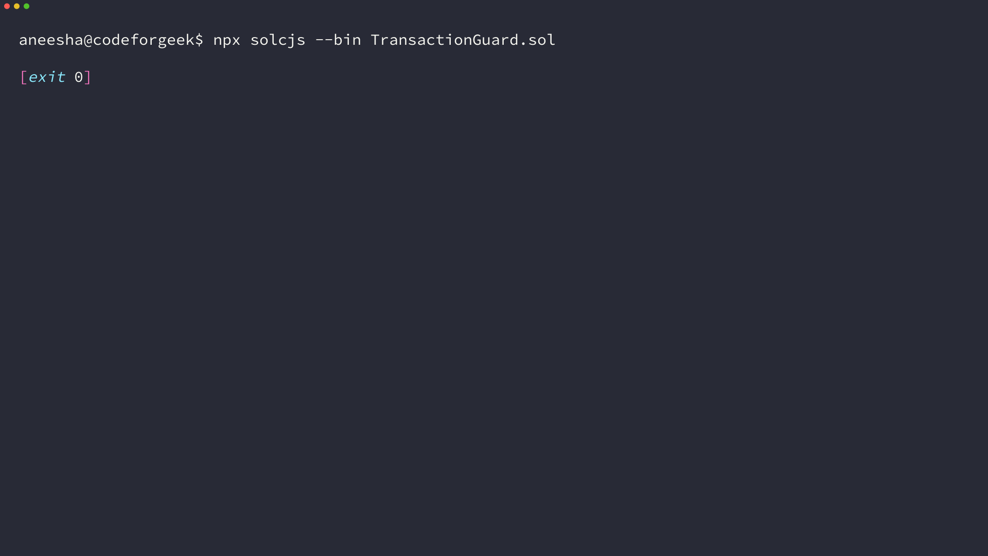 Terminal shows the Solidity compiler compiling TransactionGuard.sol with exit 0