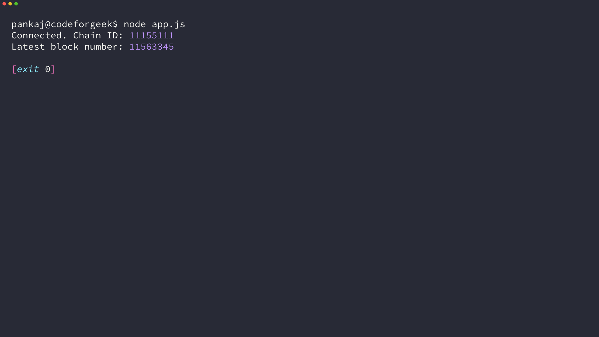 Output of node app.js showing chain ID 11155111 and the latest Sepolia block number