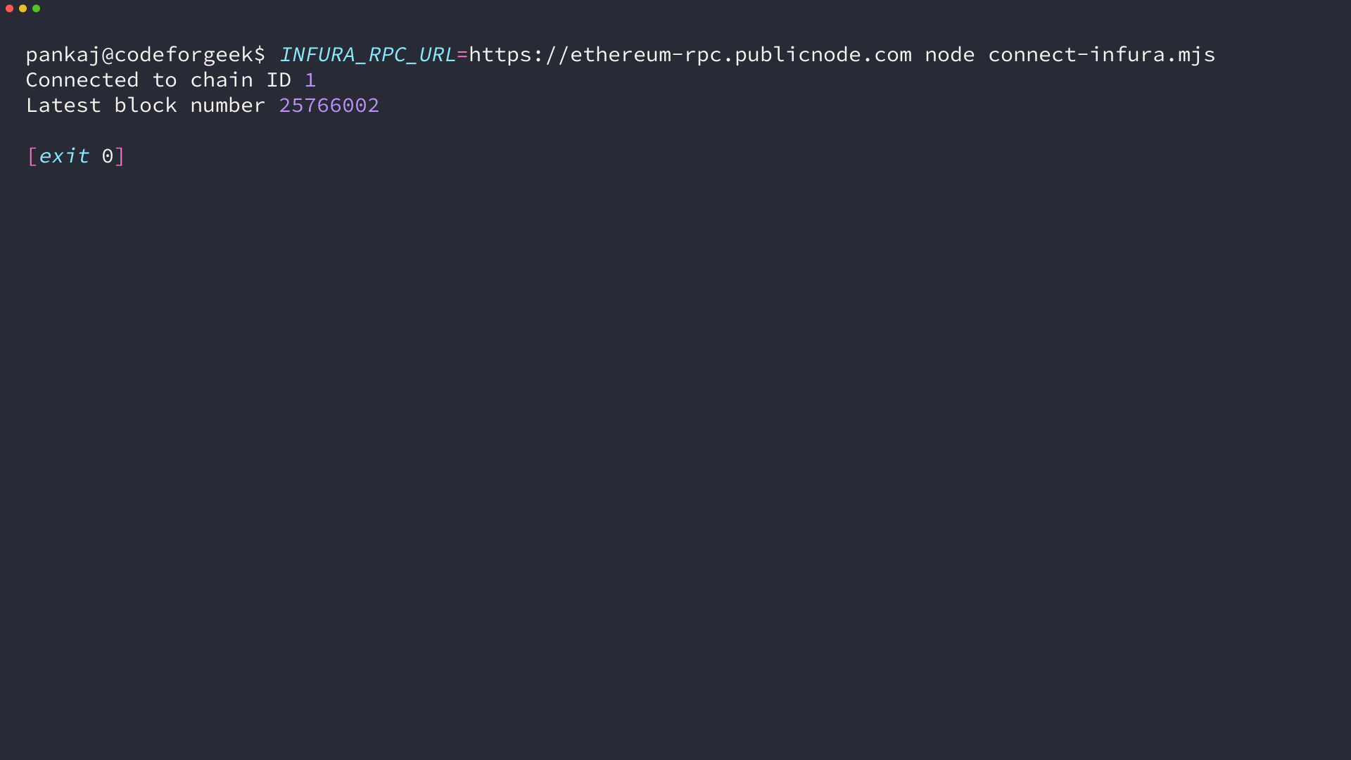 Terminal output showing Web3.js connected to Ethereum chain ID 1 and returning a block number