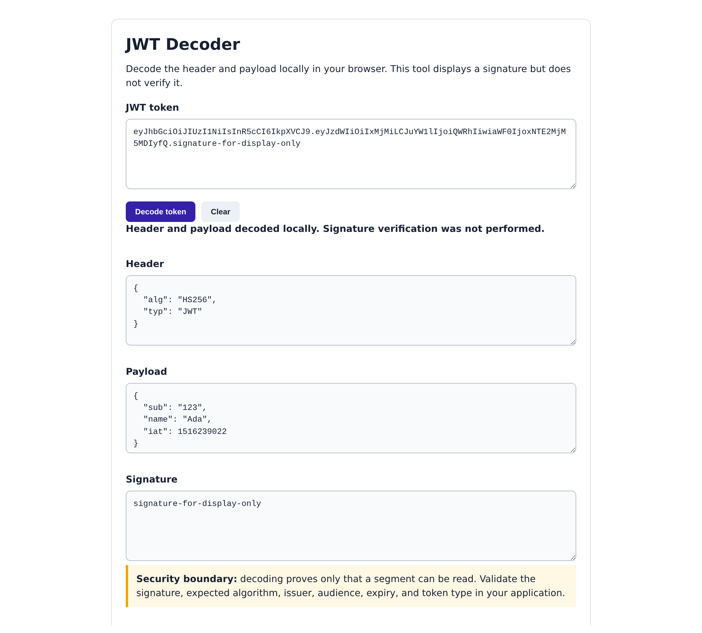 JWT decoder showing a locally decoded sample header and payload