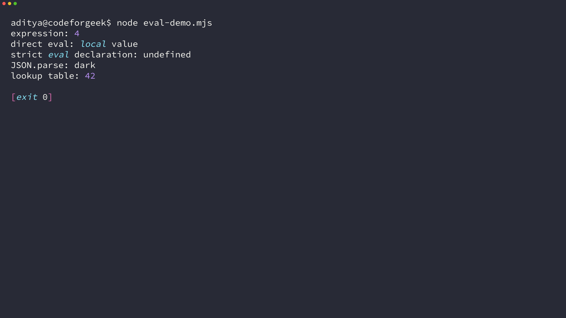 Node.js output showing direct eval scope, strict-mode isolation, JSON.parse, and a lookup table