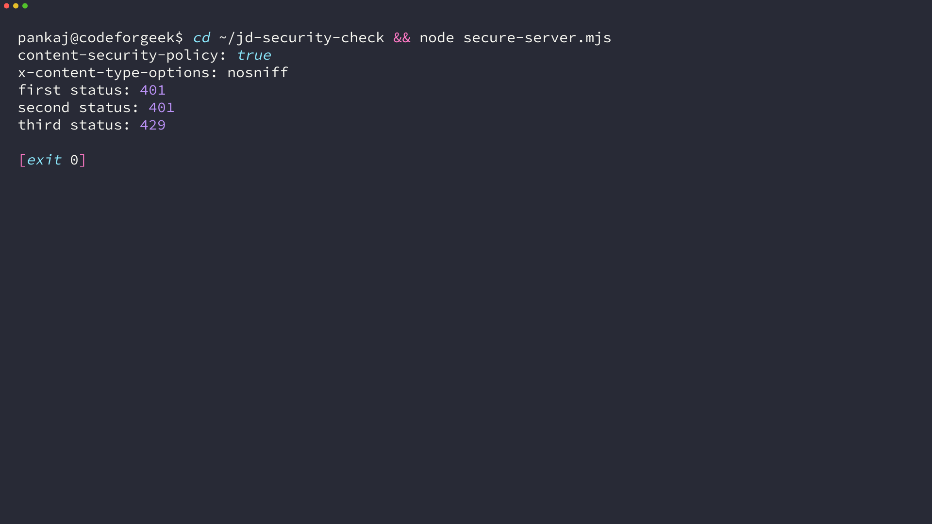 Terminal output showing Express security headers and rate limiting