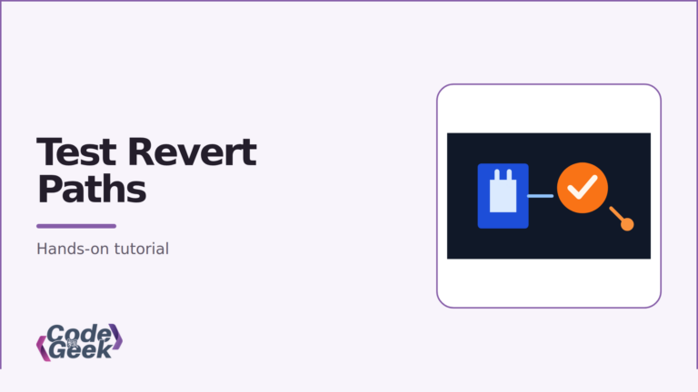 Geometric illustration of a contract rule, an arrow, and a checked revert test