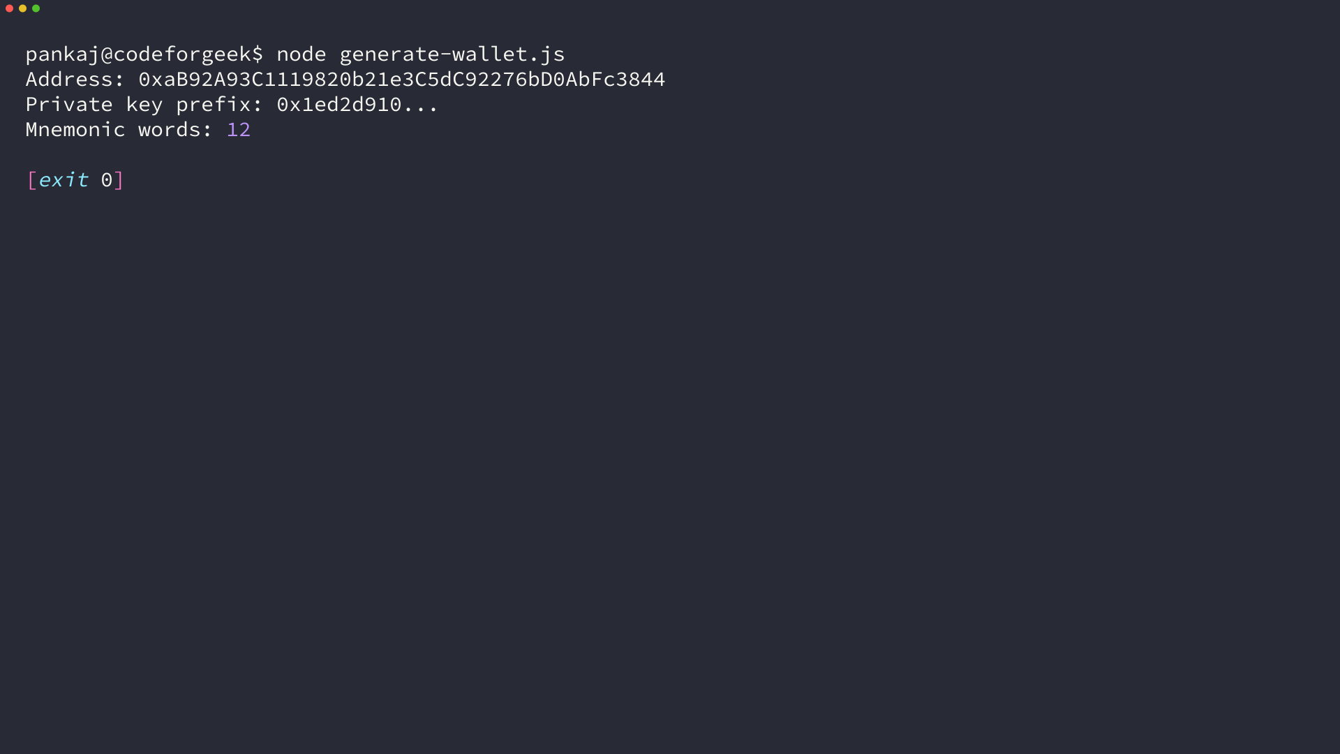 Terminal output from ethers showing an Ethereum address and masked private key prefix
