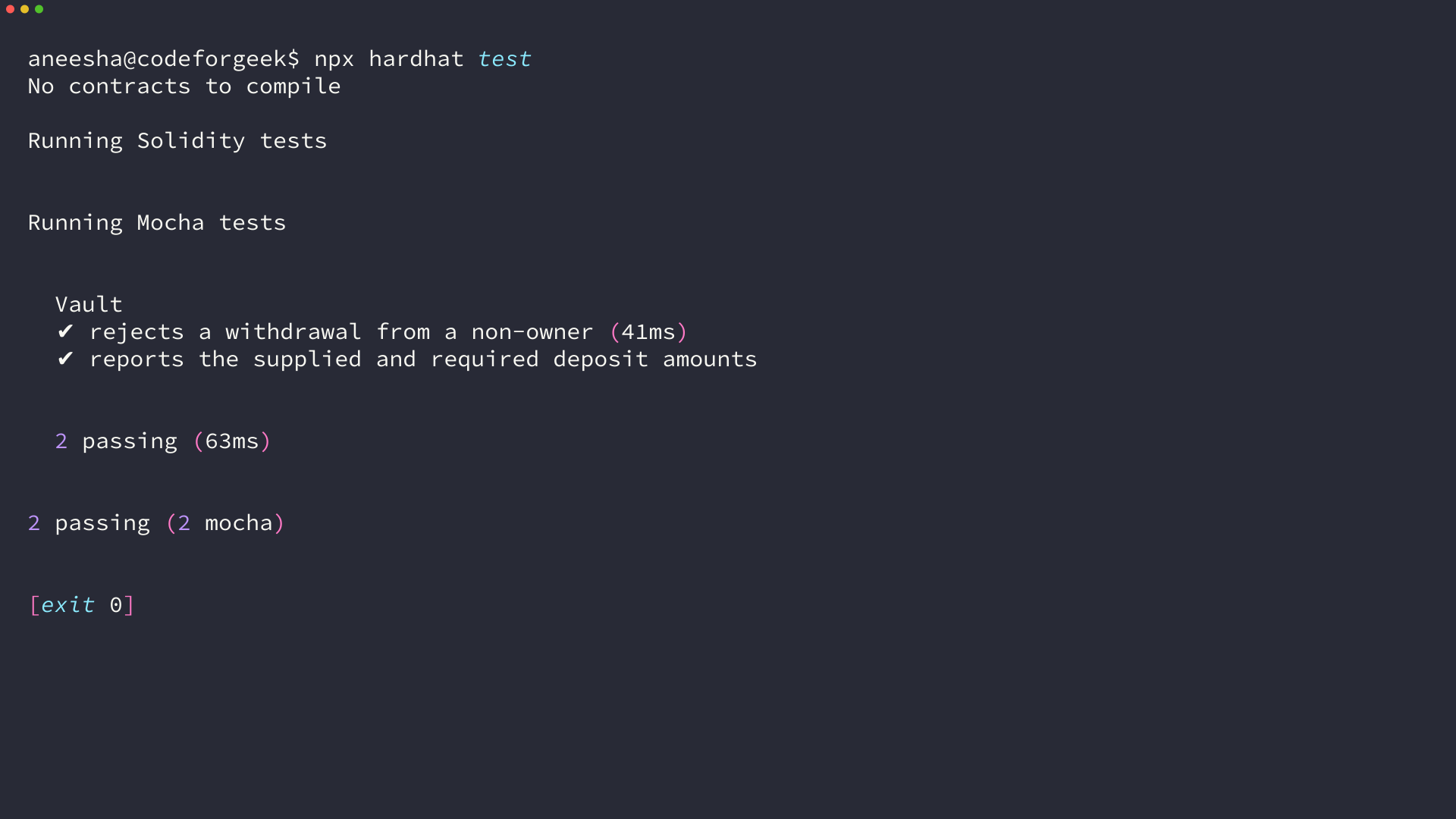 Hardhat terminal output showing two passing Solidity custom-error tests