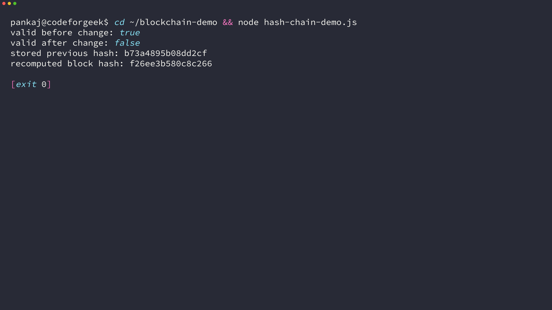 Node output showing a hash-linked chain rejects a modified block