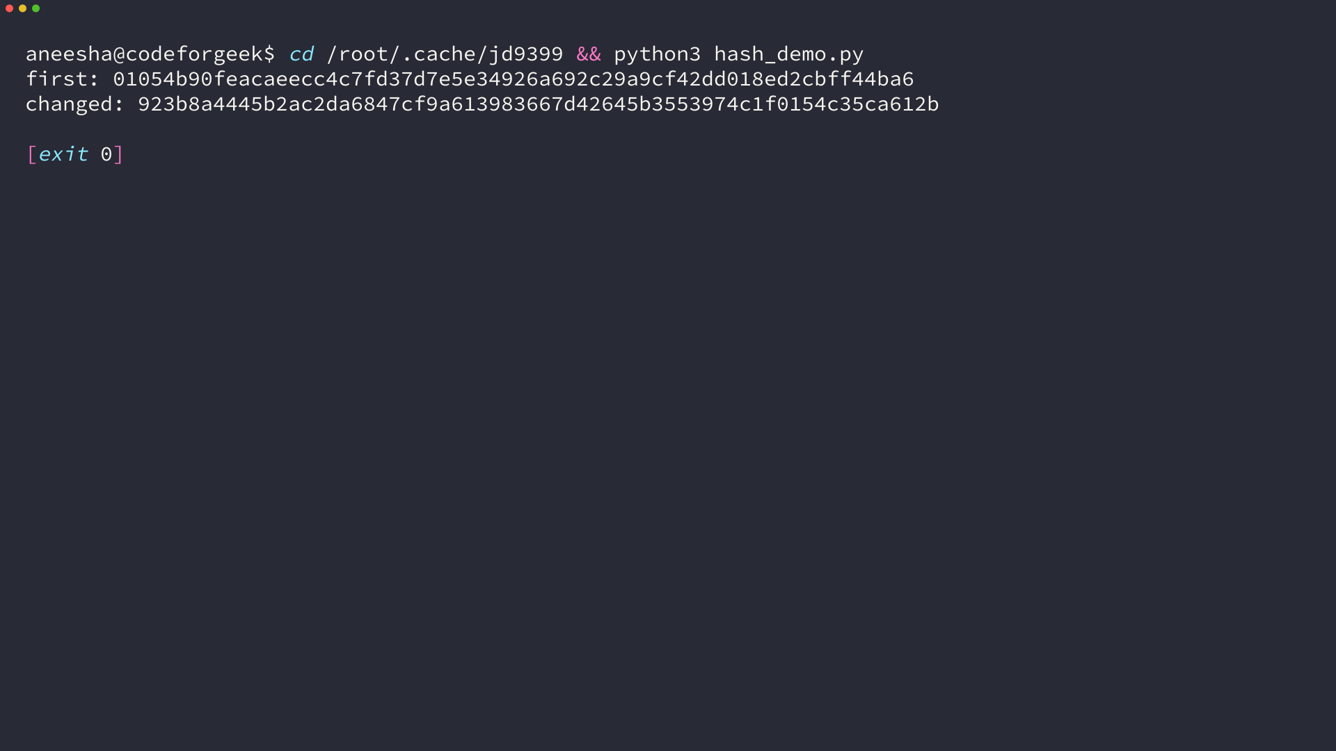 Terminal output shows distinct SHA-256 hashes for two transaction messages that differ by one amount