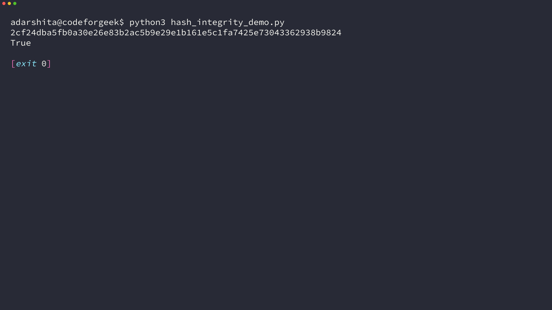 Terminal output showing a SHA-256 digest and a matching integrity check