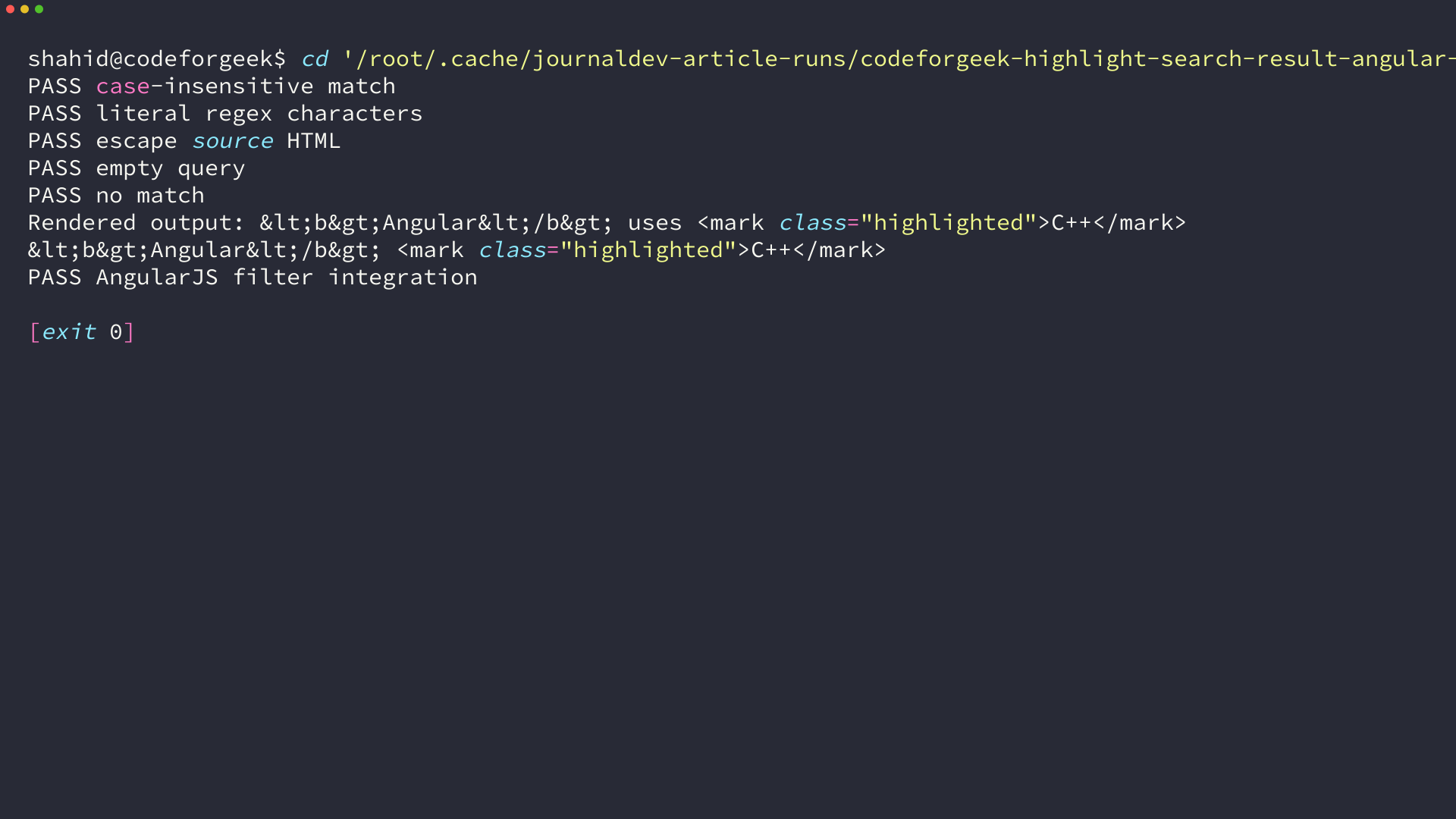 Terminal output showing escaped AngularJS highlight filter tests passing