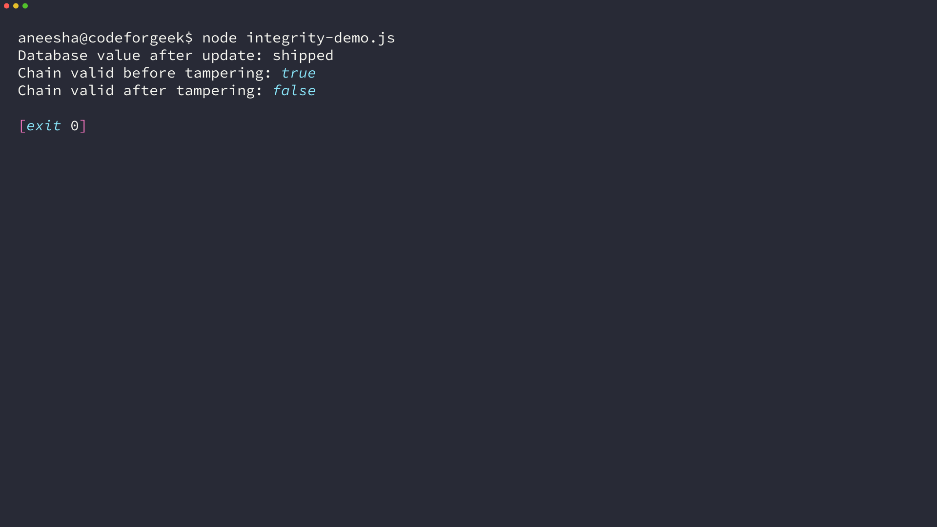 Terminal output comparing a mutable database record with a hash-linked chain