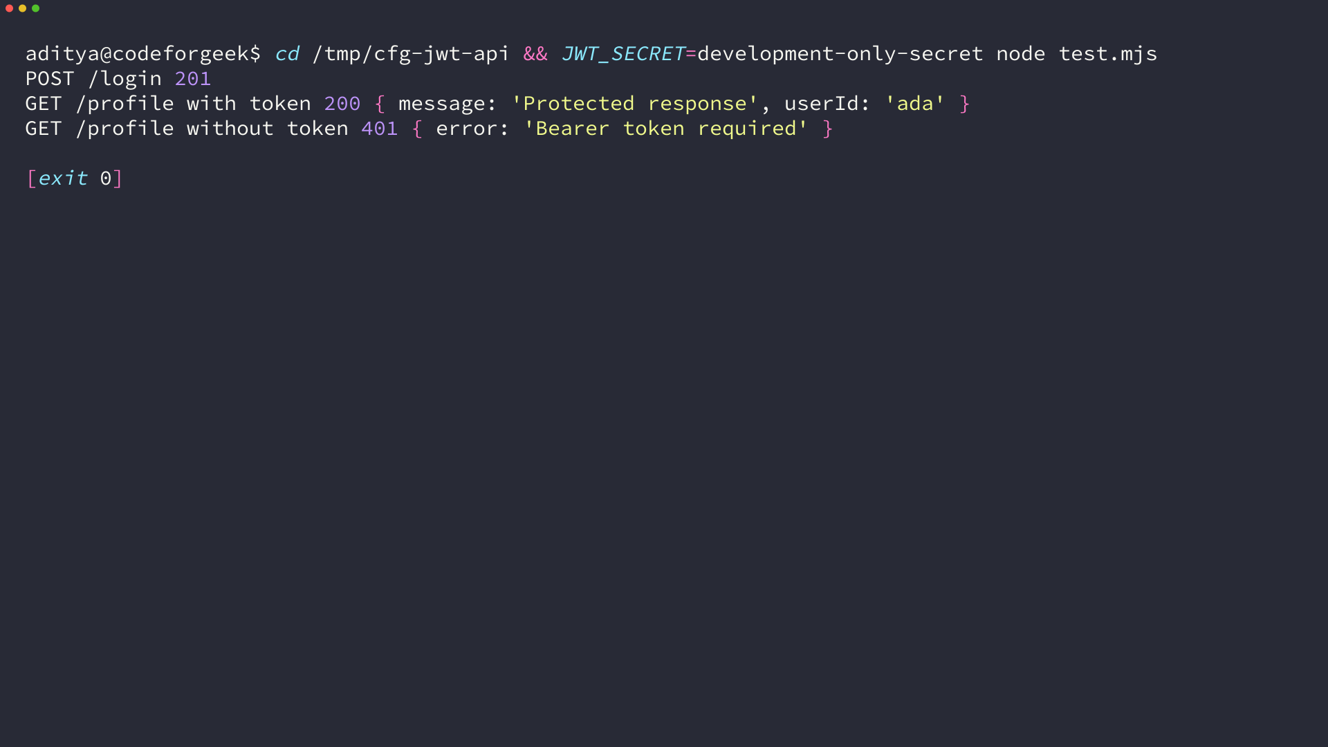 Terminal output from the Express JWT API test showing 201, 200, and 401 responses