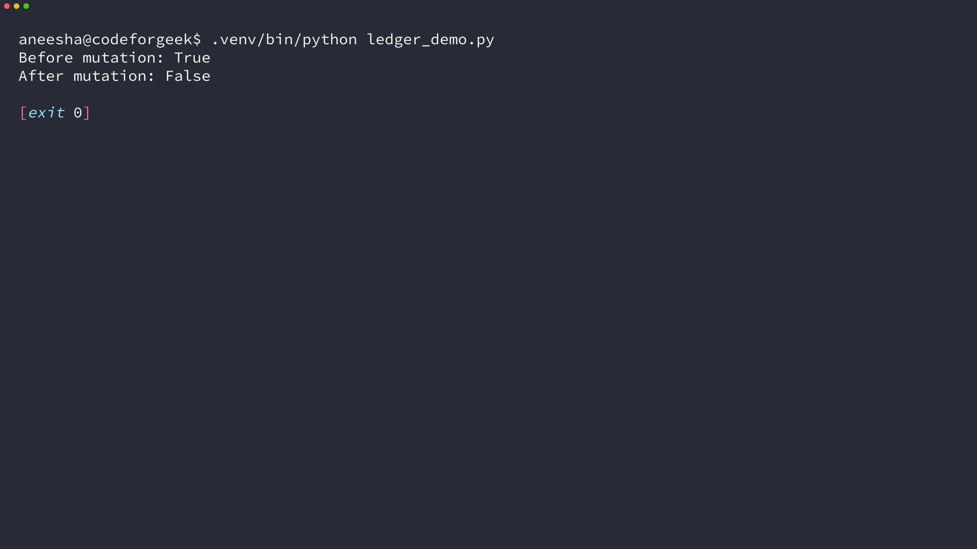 Terminal output shows a hash-linked record chain is valid before a mutation and invalid after it.