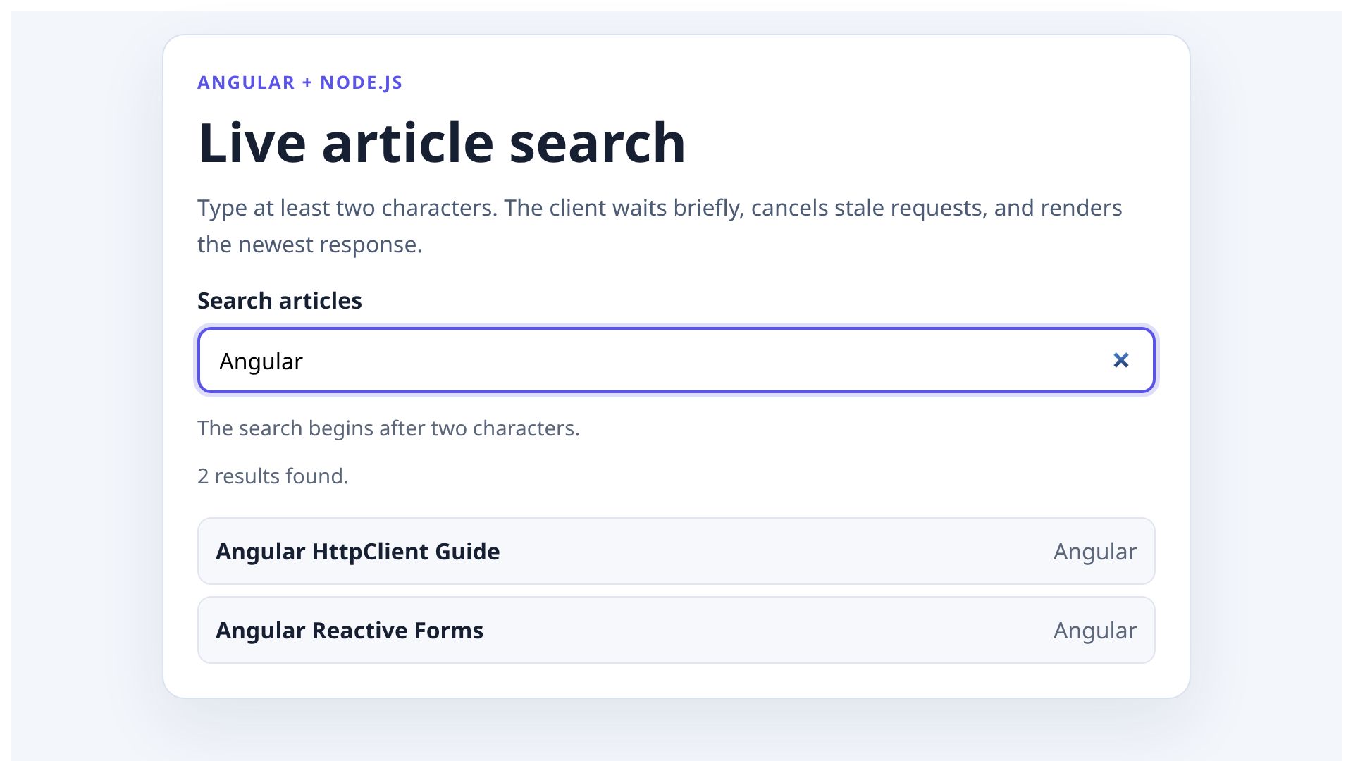Angular live search interface showing two matching results from a Node.js API