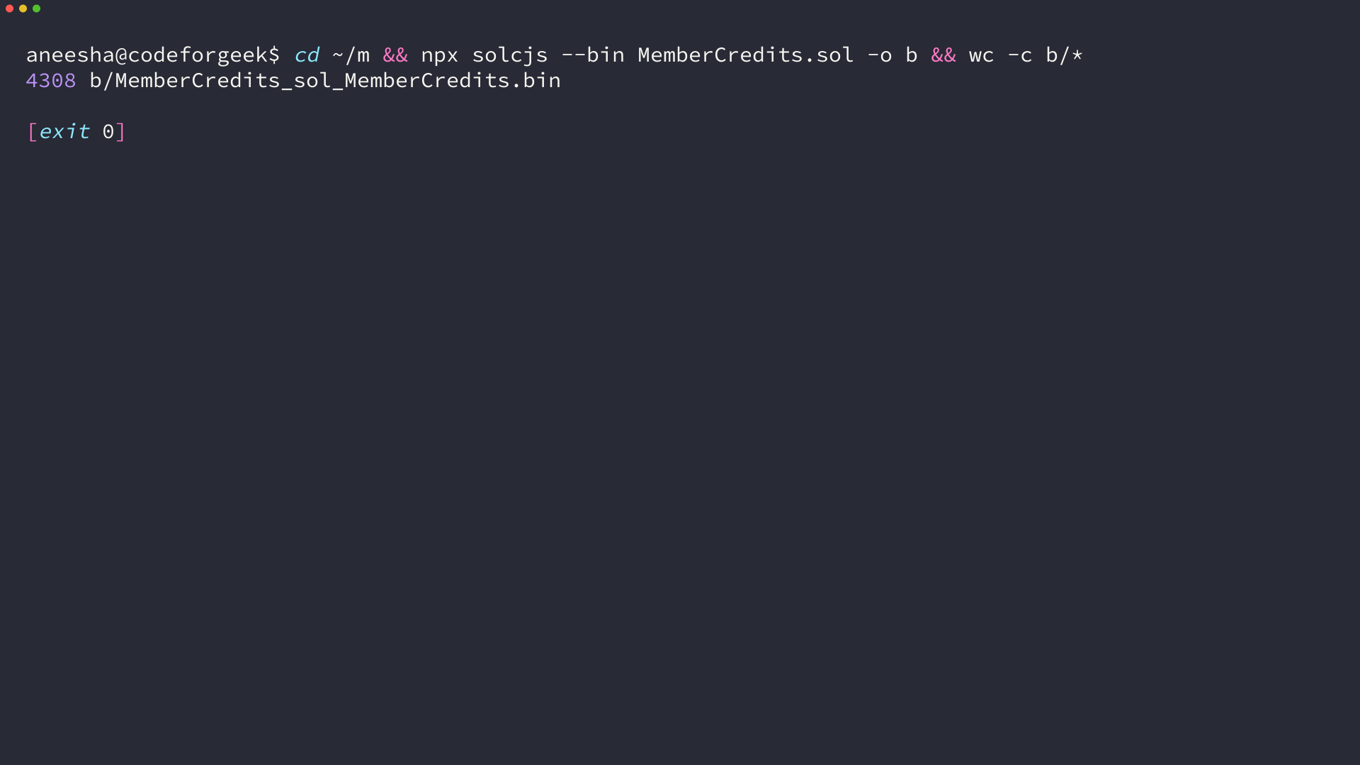 Terminal output showing MemberCredits.sol compile successfully with solc