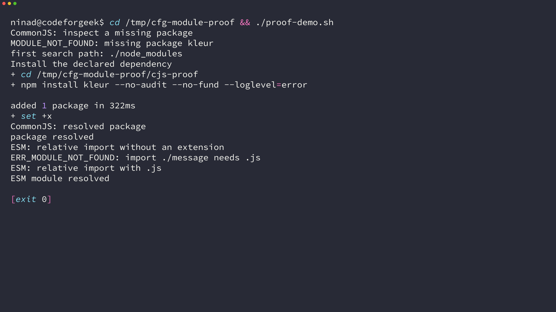 Terminal output showing CommonJS and ESM Node.js module resolution repairs