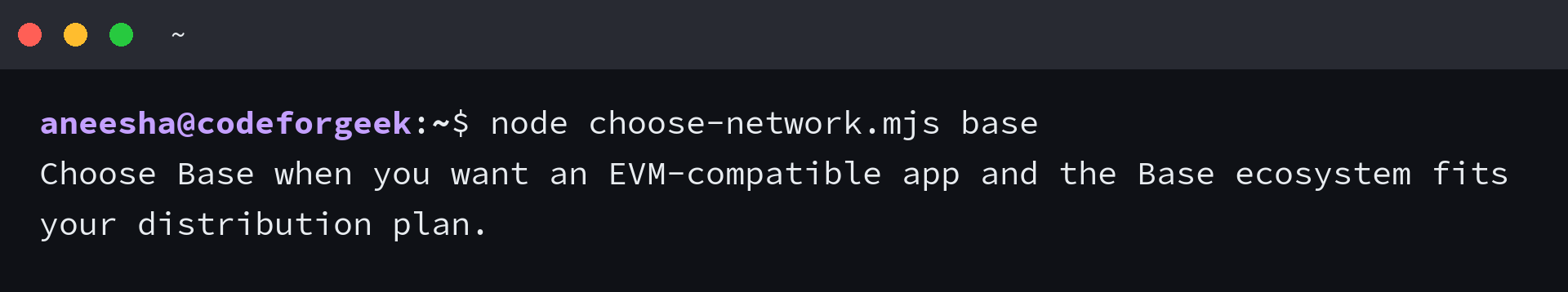 Terminal output from the Node.js dapp network decision helper for Base