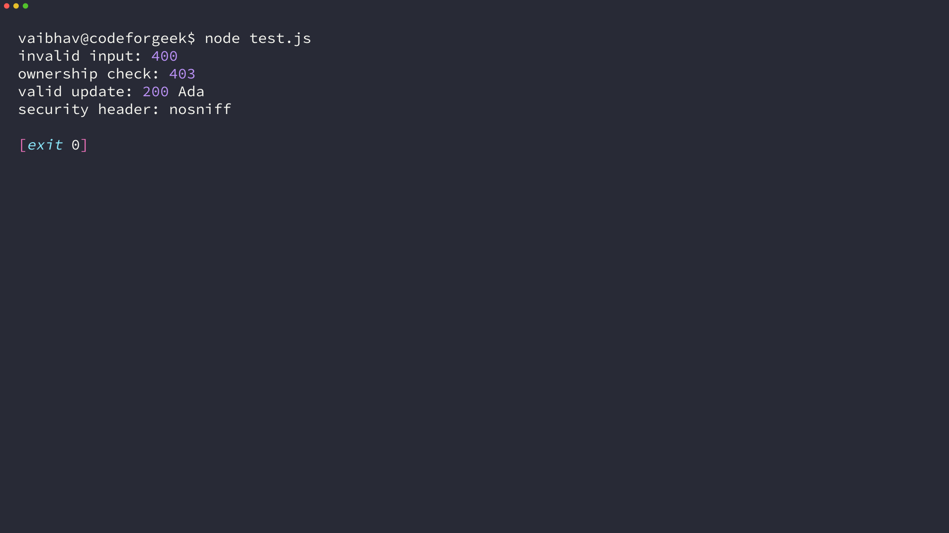 Terminal test output for Express validation, authorization, and Helmet headers