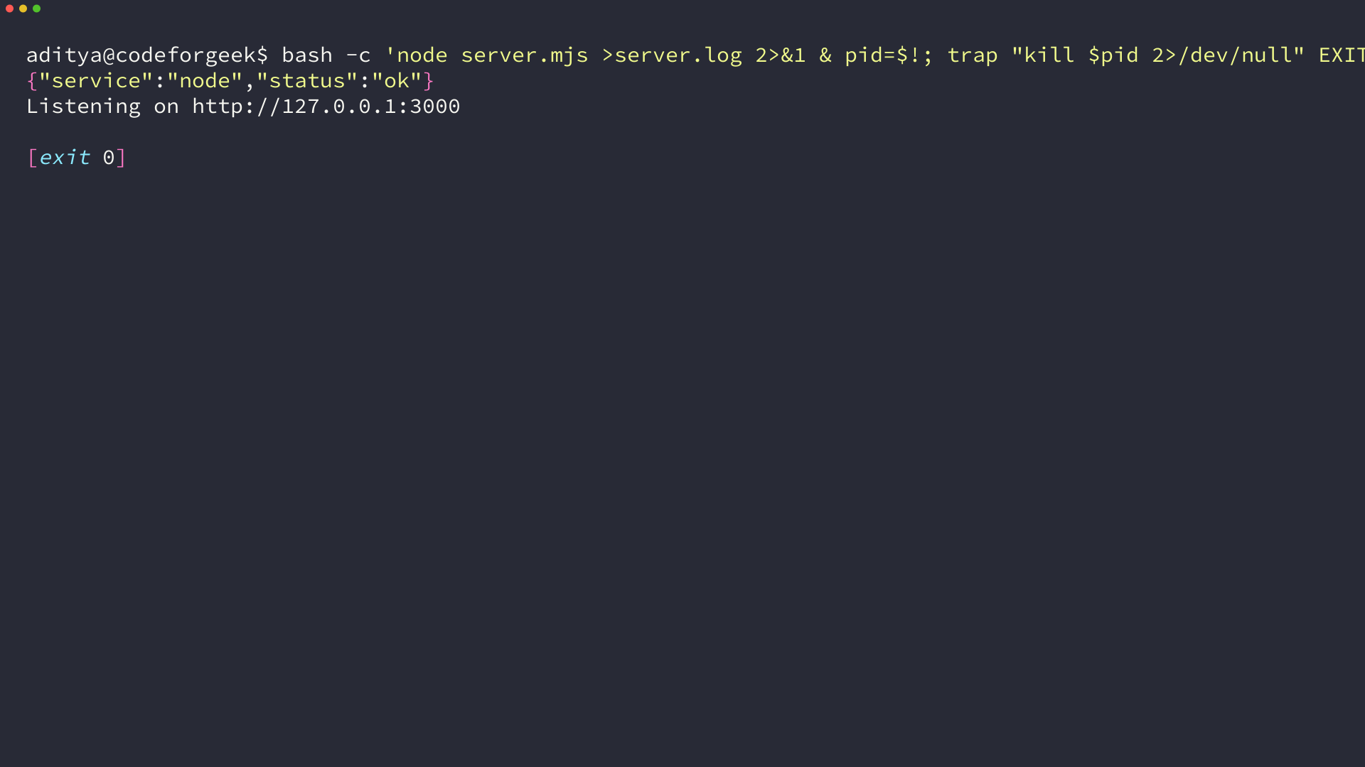 Terminal output from a Node.js status endpoint showing a JSON response