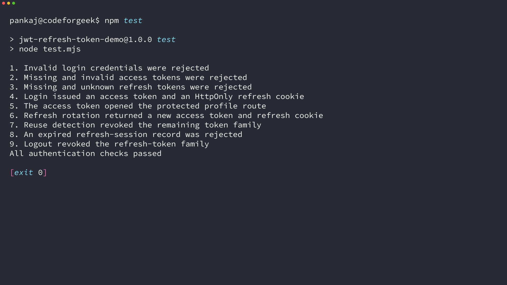 Terminal output from the Node.js JWT refresh token test showing login, validation, rotation, reuse detection, expiry, and logout checks