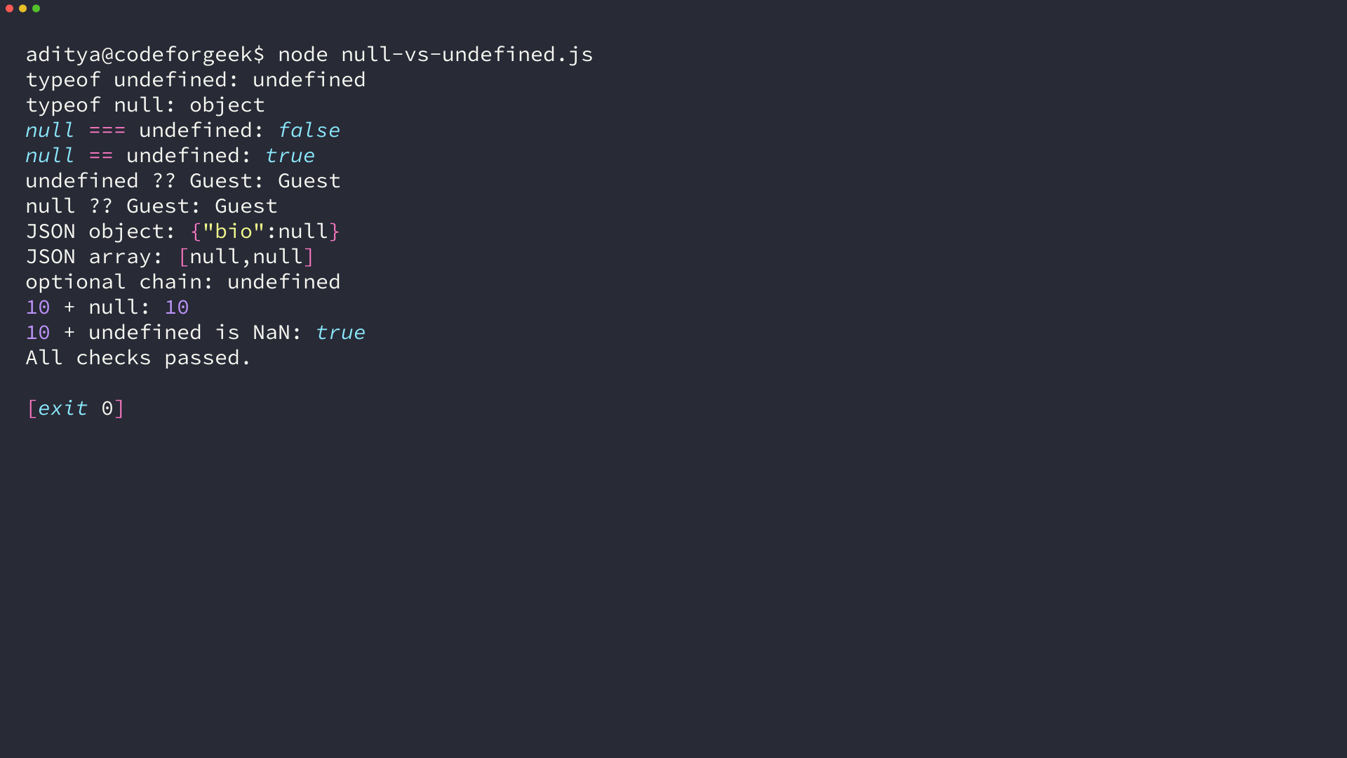 Node.js terminal output comparing null and undefined in JavaScript
